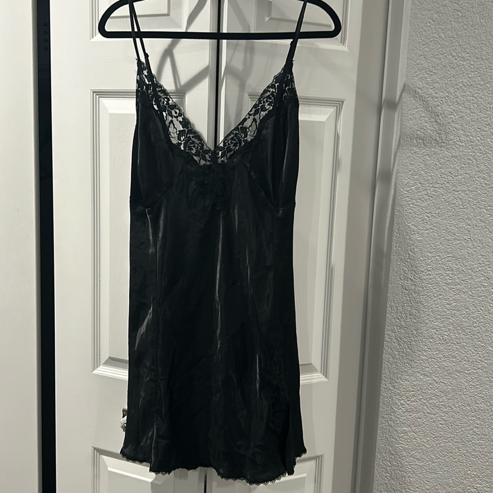 Black Satiny Nightgown or Neglige with Lace Details